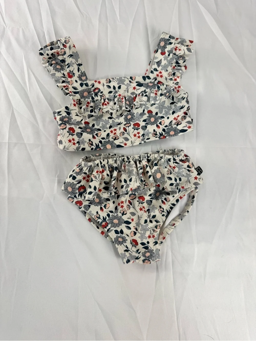 Girls Floral Ruffle Bikini Set - White with Blue & Red Flowers